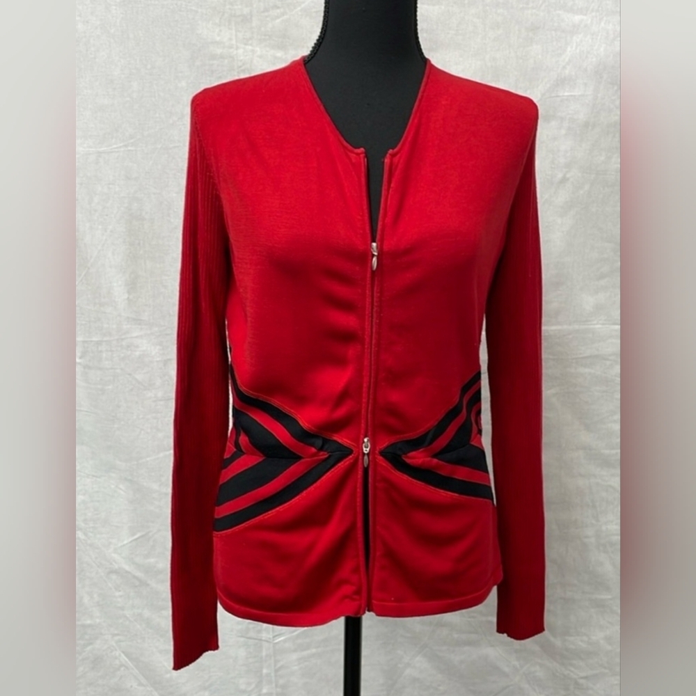 SculptureSilk knit sweater-shirt, zippered in black and red, size L